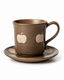 Brown apple pattern handmade ceramic cup and saucer set with speckled glazed finish