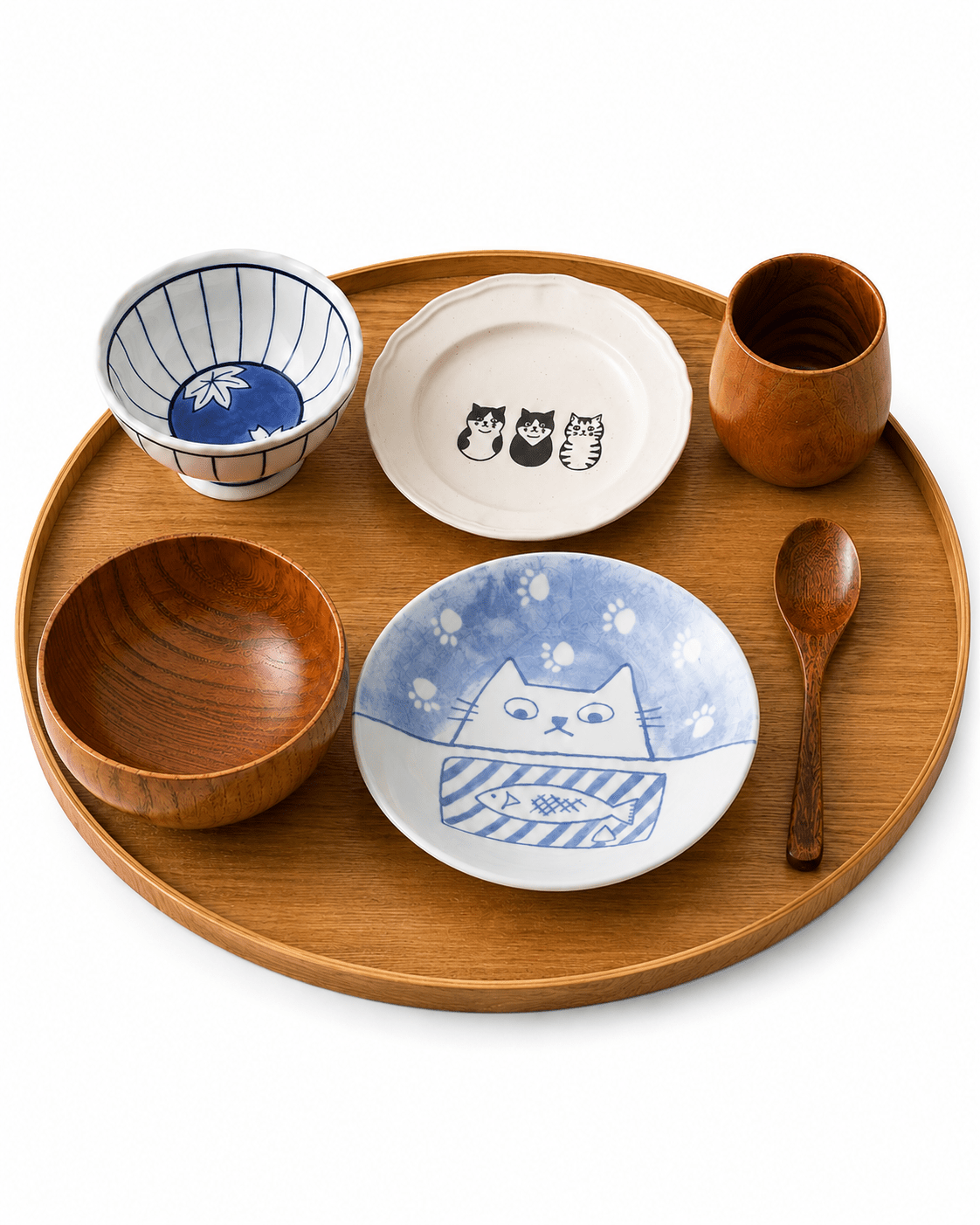 Handmade cat ceramic and wooden tableware set with rice bowl, plates, wooden cup, bowl, spoon and round serving tray
