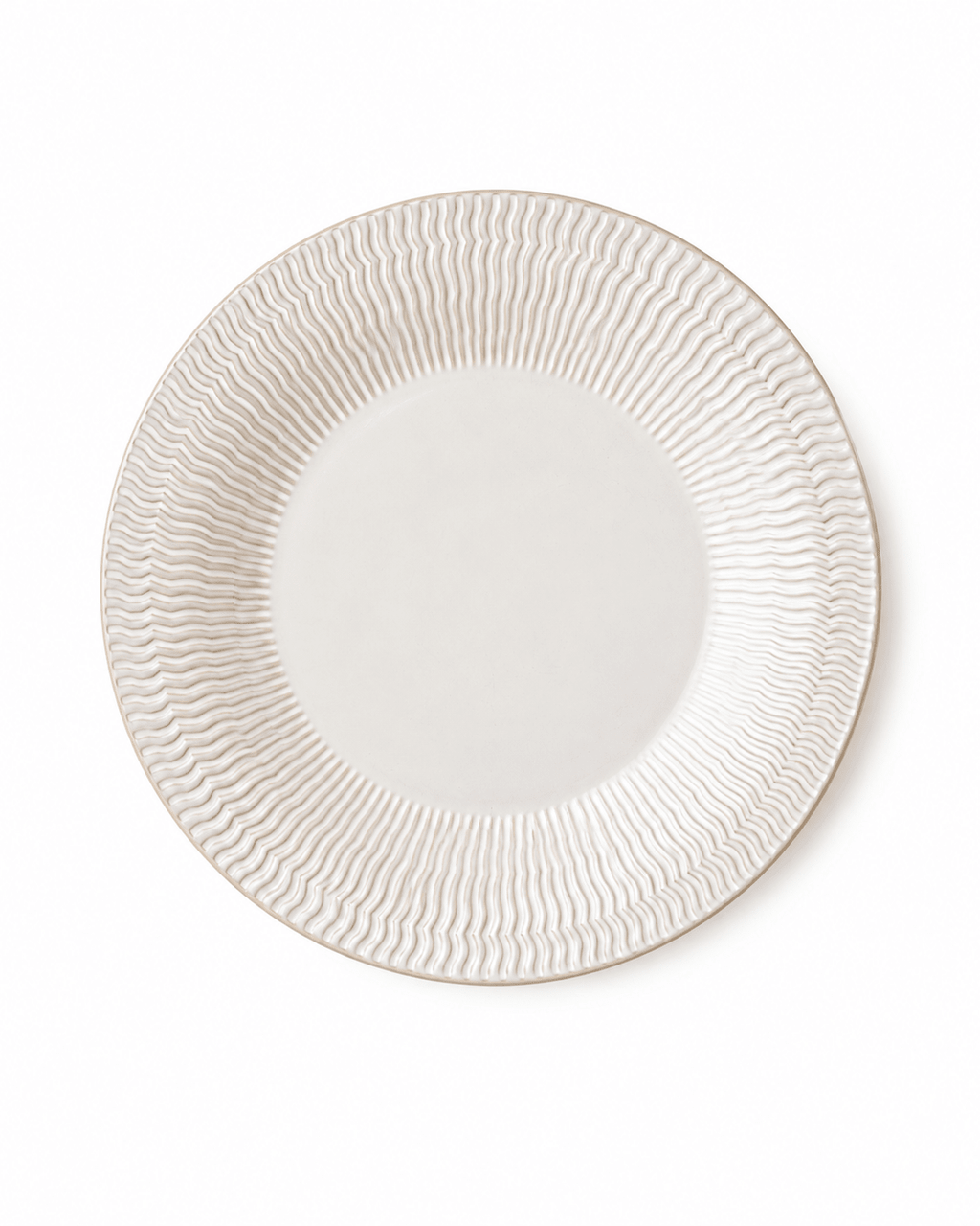 10 inch ivory white textured ceramic dinner plate with wavy raised rim, top view
