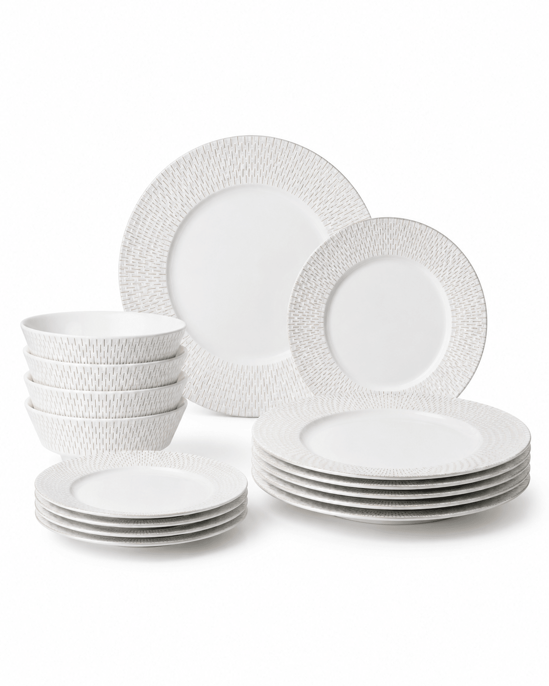 12 piece white textured bone china dinnerware set with dinner plates, side plates and bowls Main image