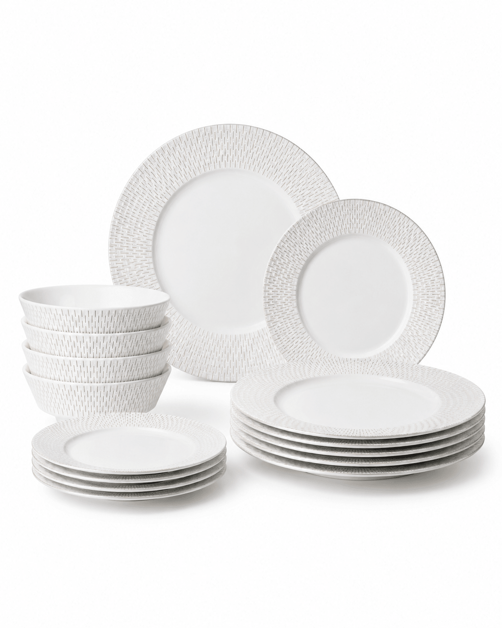 12 piece white textured bone china dinnerware set with dinner plates, side plates and bowls