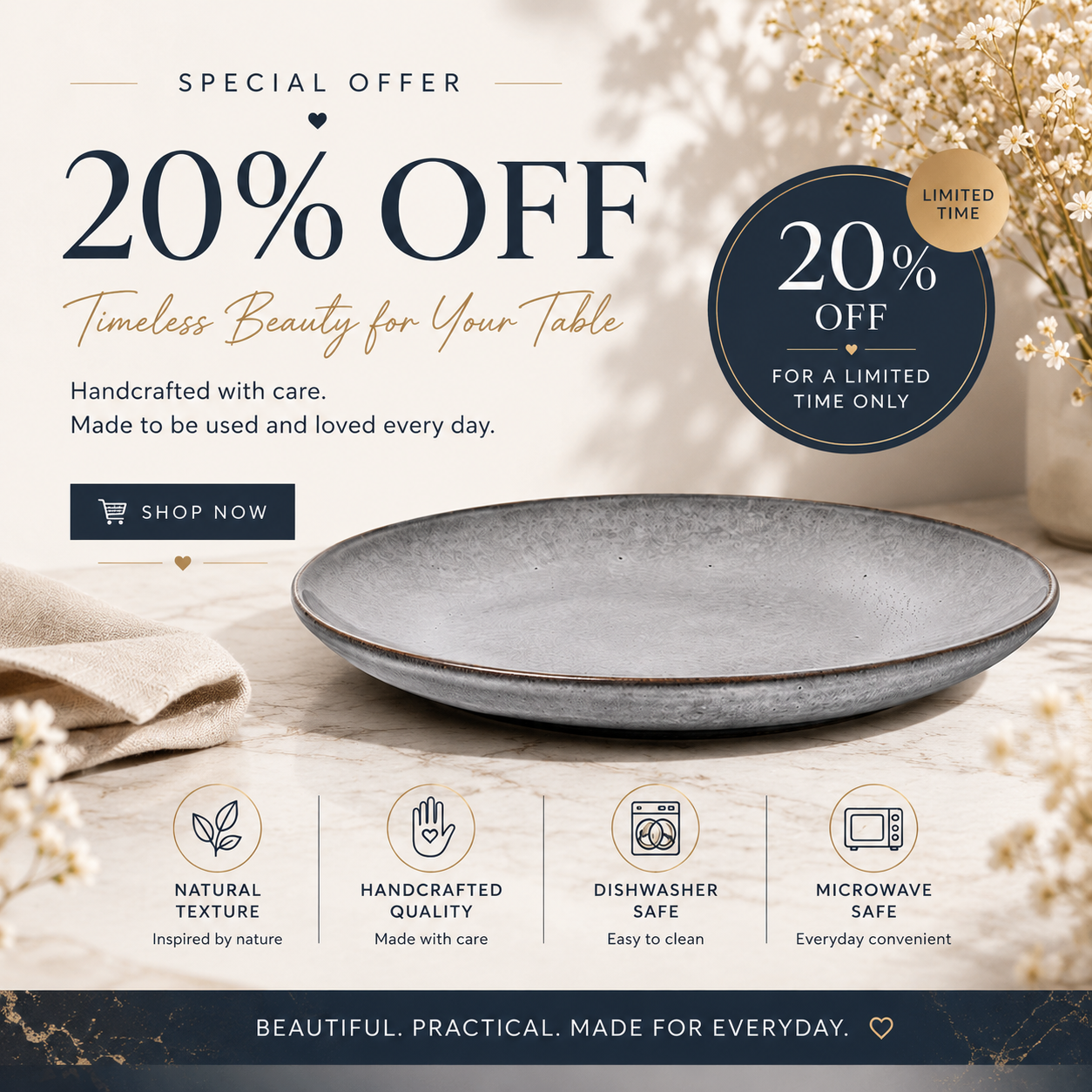 A promotional banner for a round gray ceramic plate with a textured matte finish