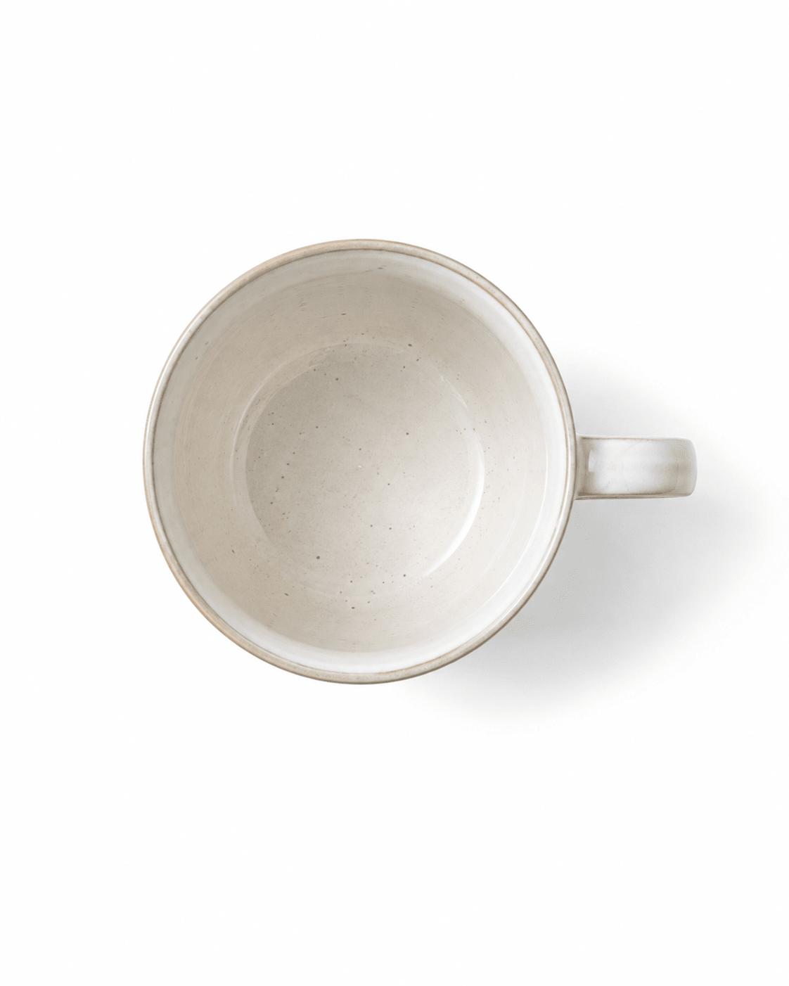 300ml ivory white textured ceramic mug with handle and speckled glaze interior, top view