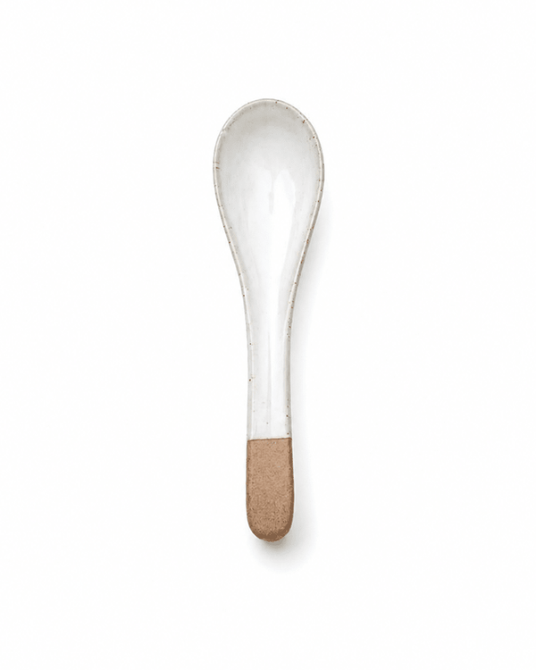 
Ceramic ramen spoon with speckled ivory glaze and natural clay handle