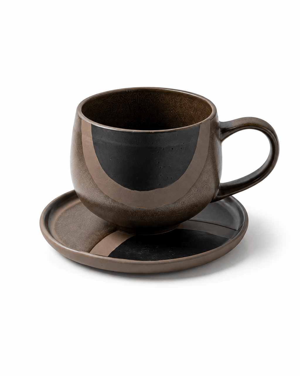 Black reactive glaze ceramic coffee cup with matching saucer and rounded handle