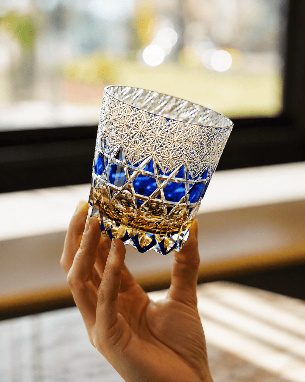 Edo Kiriko Handcrafted Sapphire Fluorite Whisky Glass With Leather Box