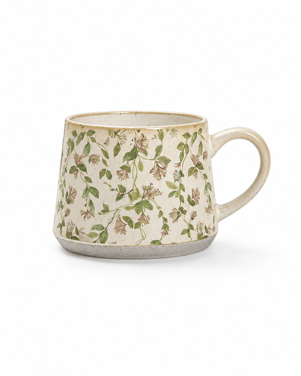 Cream botanical ceramic mug with green vines and delicate pink flowers