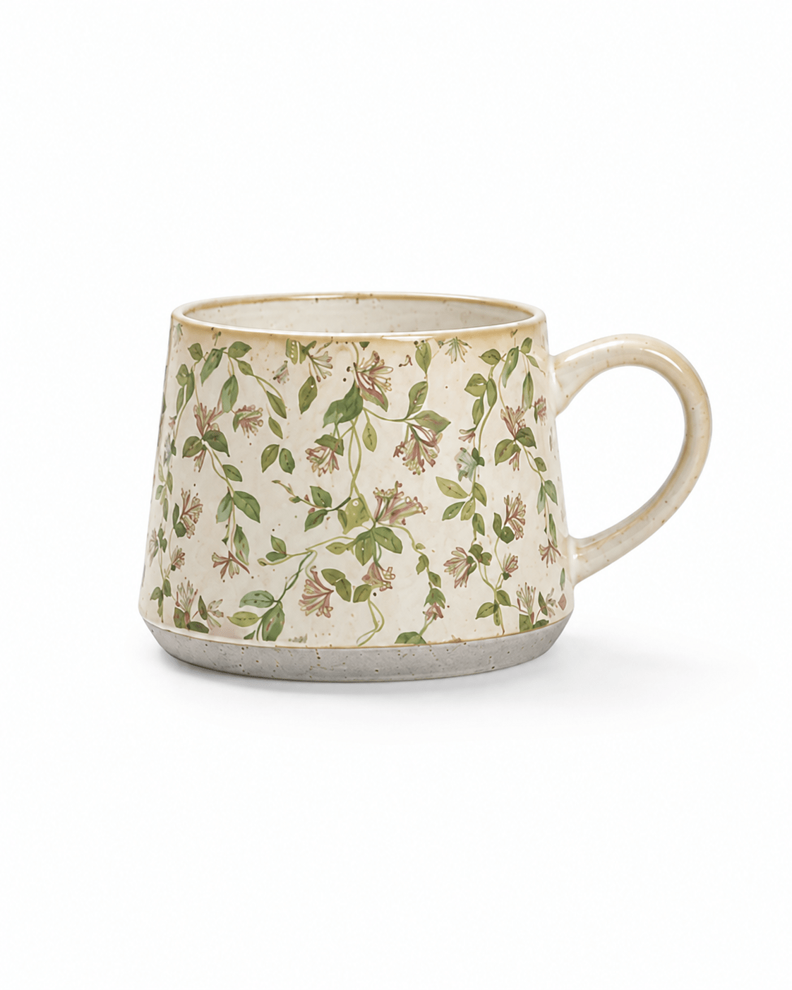 Cream botanical ceramic mug with green vines and delicate pink flowers