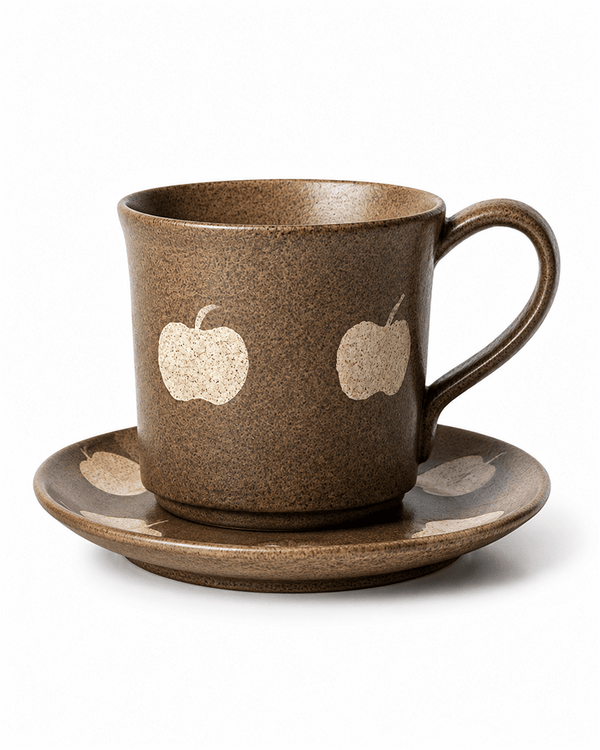 Brown apple pattern handmade ceramic cup and saucer set with speckled glazed finish