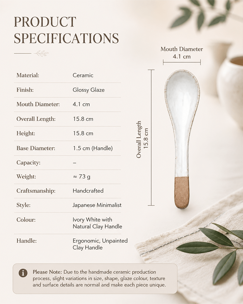 Ceramic ramen spoon product specifications showing 15.8 cm length and 4.1 cm bowl width
