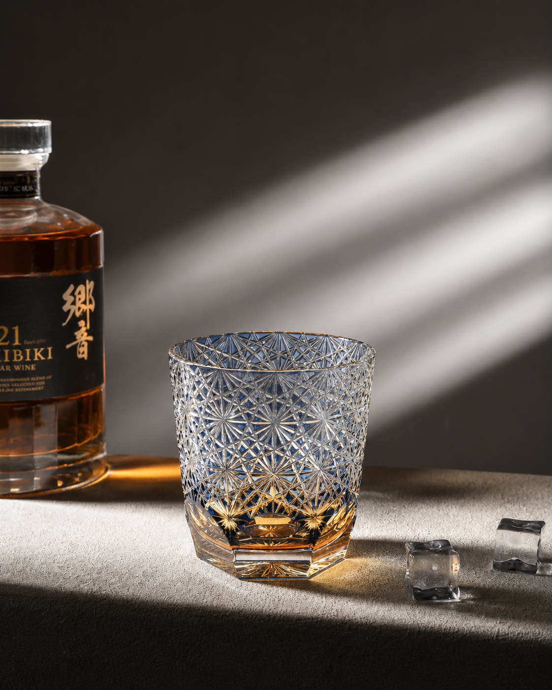 Edo Kiriko Handcrafted Blue Chrysanthemum Whisky Glass With Leather Box