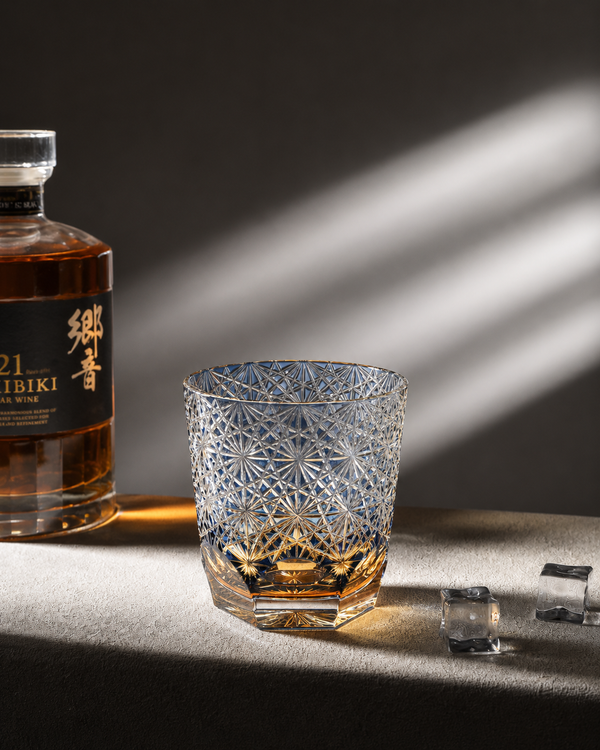 Edo Kiriko Handcrafted Blue Chrysanthemum Whisky Glass With Leather Box