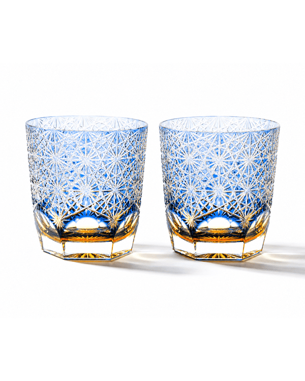 Edo Kiriko Handcrafted Blue Chrysanthemum Whisky Glass With Leather Box