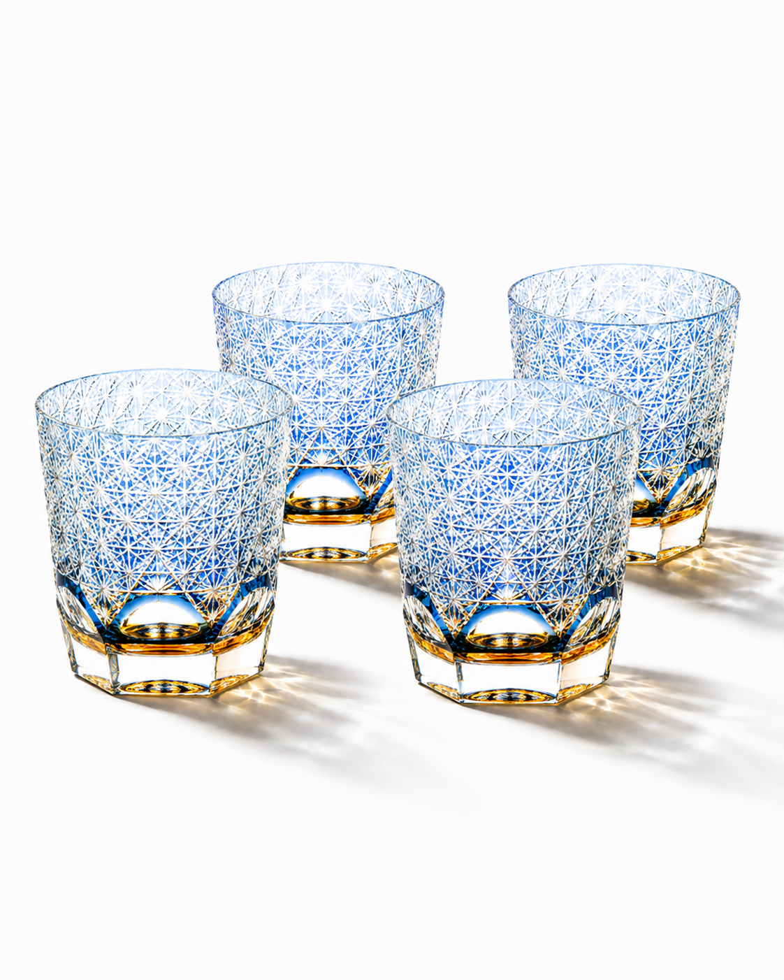 Edo Kiriko Handcrafted Blue Chrysanthemum Whisky Glass With Leather Box