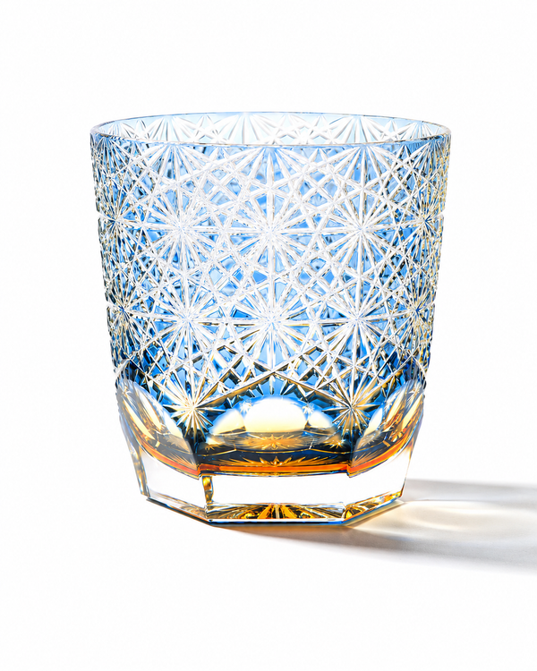 Edo Kiriko Handcrafted Blue Chrysanthemum Whisky Glass With Leather Box