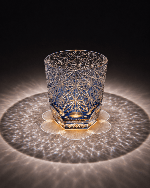 Edo Kiriko Handcrafted Blue Chrysanthemum Whisky Glass With Leather Box