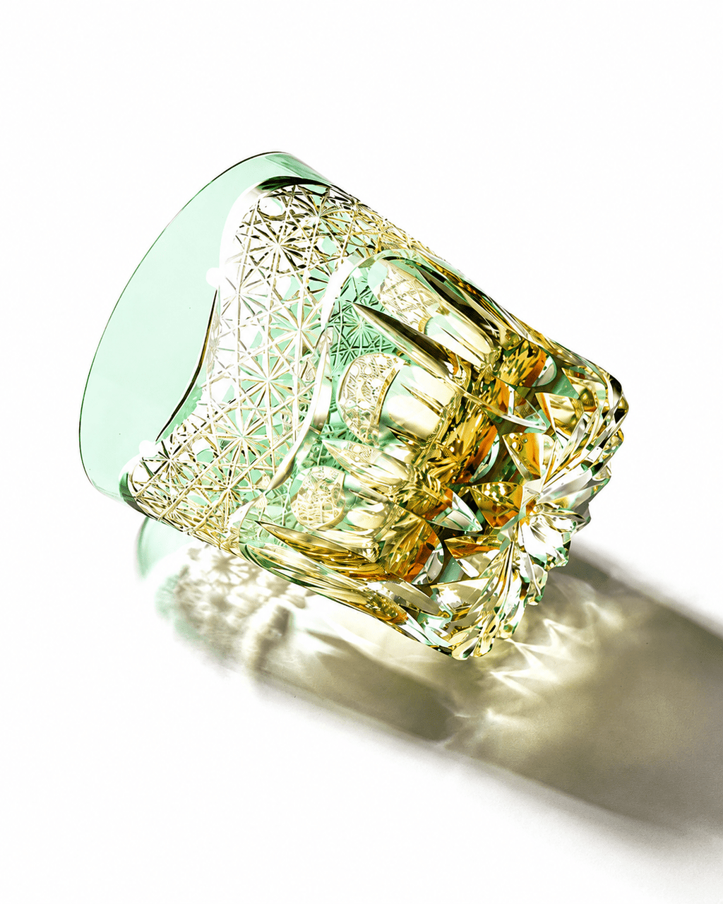 Edo Kiriko Handcrafted Emerald Prism Whisky Glass With Leather Box