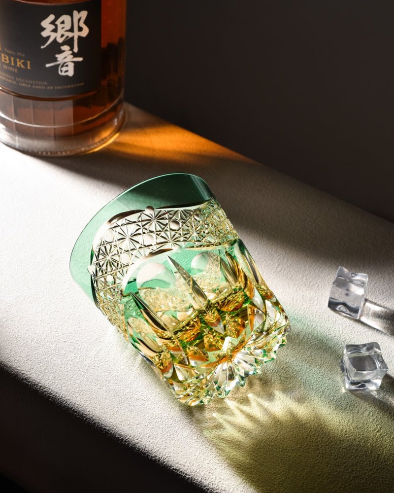 Edo Kiriko Handcrafted Emerald Prism Whisky Glass With Leather Box