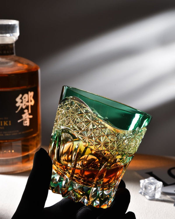 Edo Kiriko Handcrafted Emerald Prism Whisky Glass With Leather Box