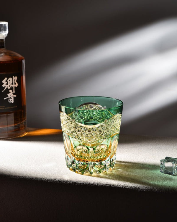 Edo Kiriko Handcrafted Emerald Prism Whisky Glass With Leather Box