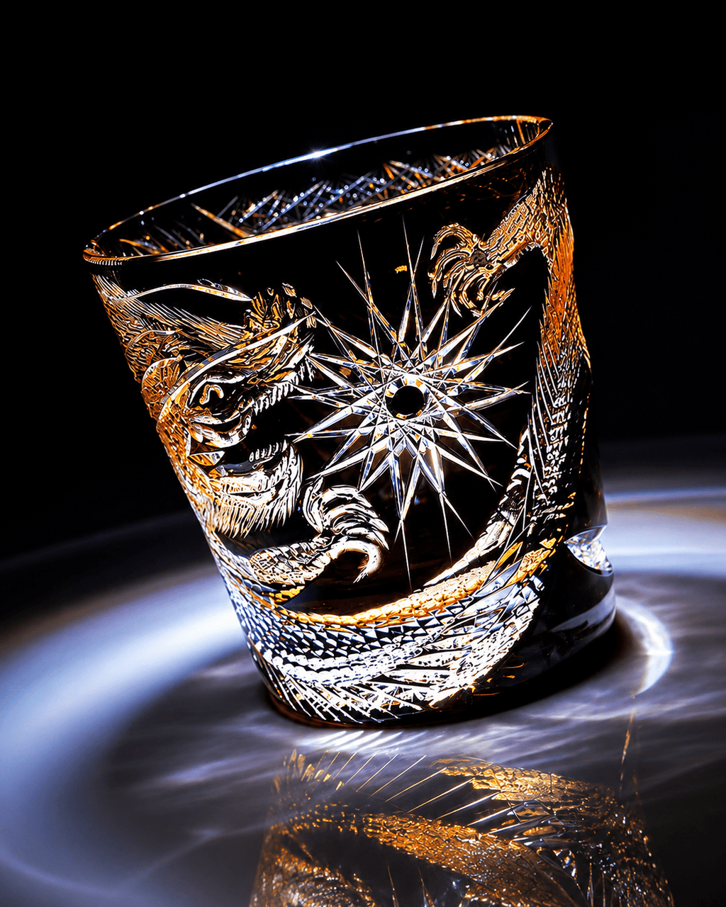 Edo Kiriko Handcrafted Soaring Dragon Whisky Glass With Leather Box