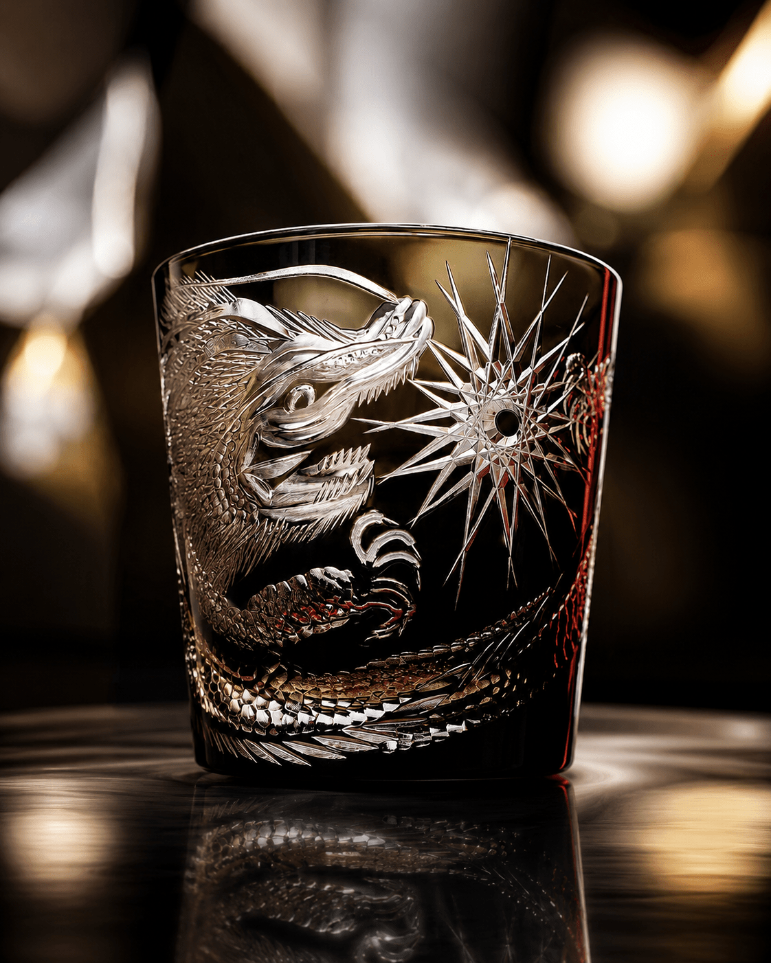 Edo Kiriko Handcrafted Soaring Dragon Whisky Glass With Leather Box
