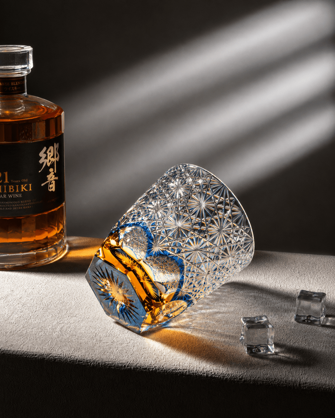 Edo Kiriko Handcrafted Blue Chrysanthemum Whisky Glass With Leather Box