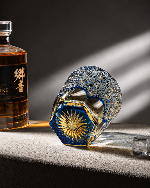 Edo Kiriko Handcrafted Blue Chrysanthemum Whisky Glass With Leather Box