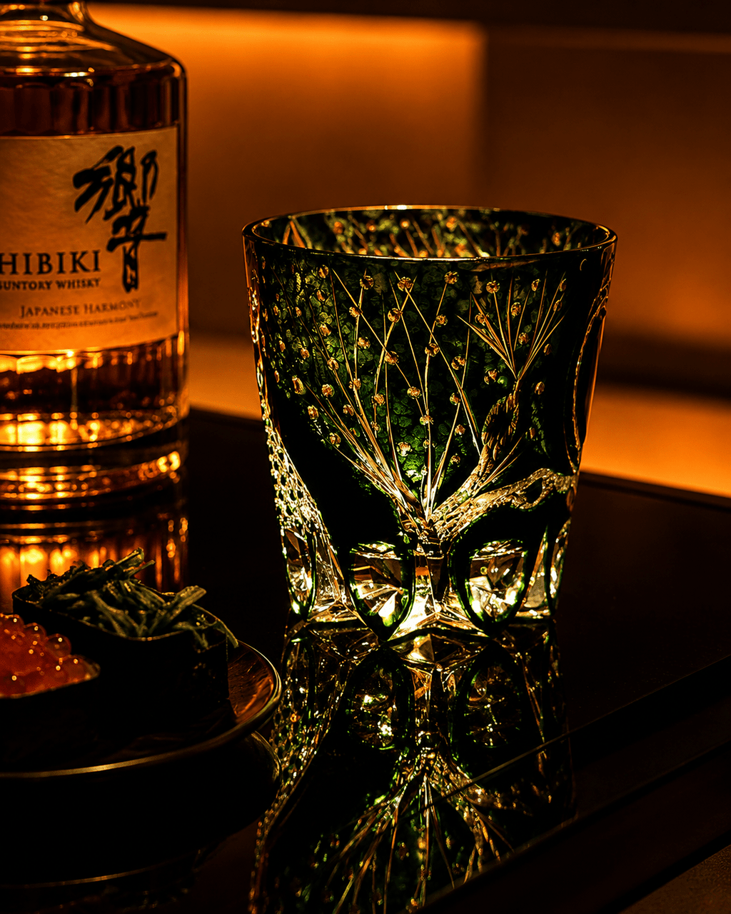 Edo Kiriko Handcrafted Green Serpent Whisky Glass With Leather Box