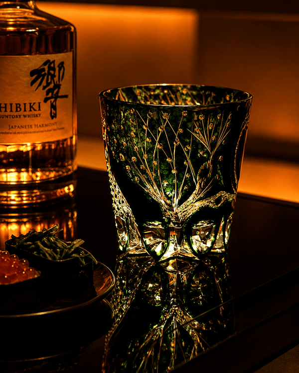 Edo Kiriko Handcrafted Green Serpent Whisky Glass With Leather Box