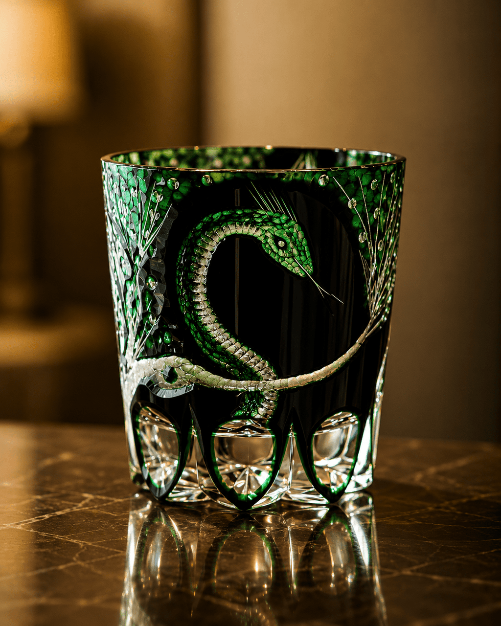 Edo Kiriko Handcrafted Green Serpent Whisky Glass With Leather Box