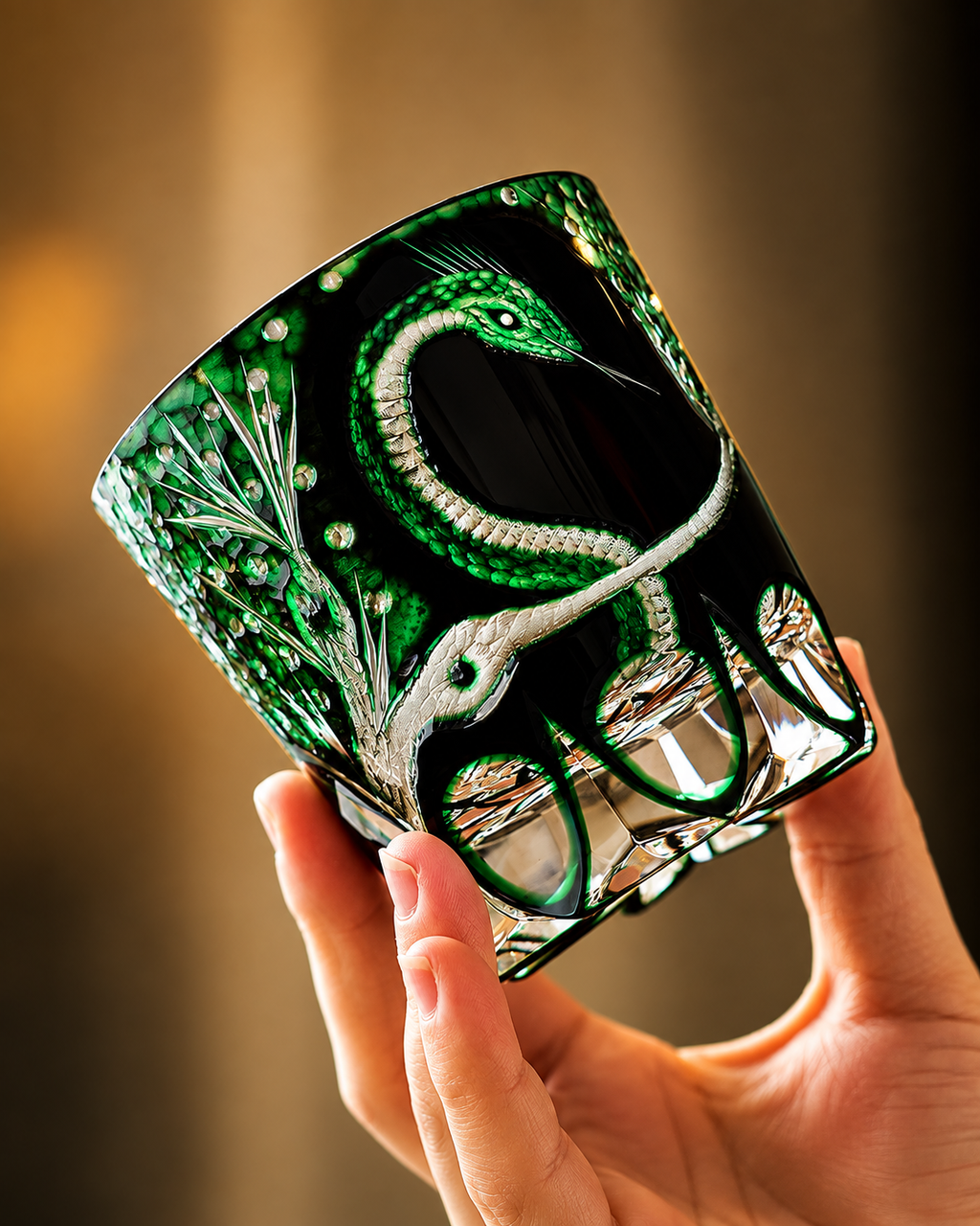 Edo Kiriko Handcrafted Green Serpent Whisky Glass With Leather Box