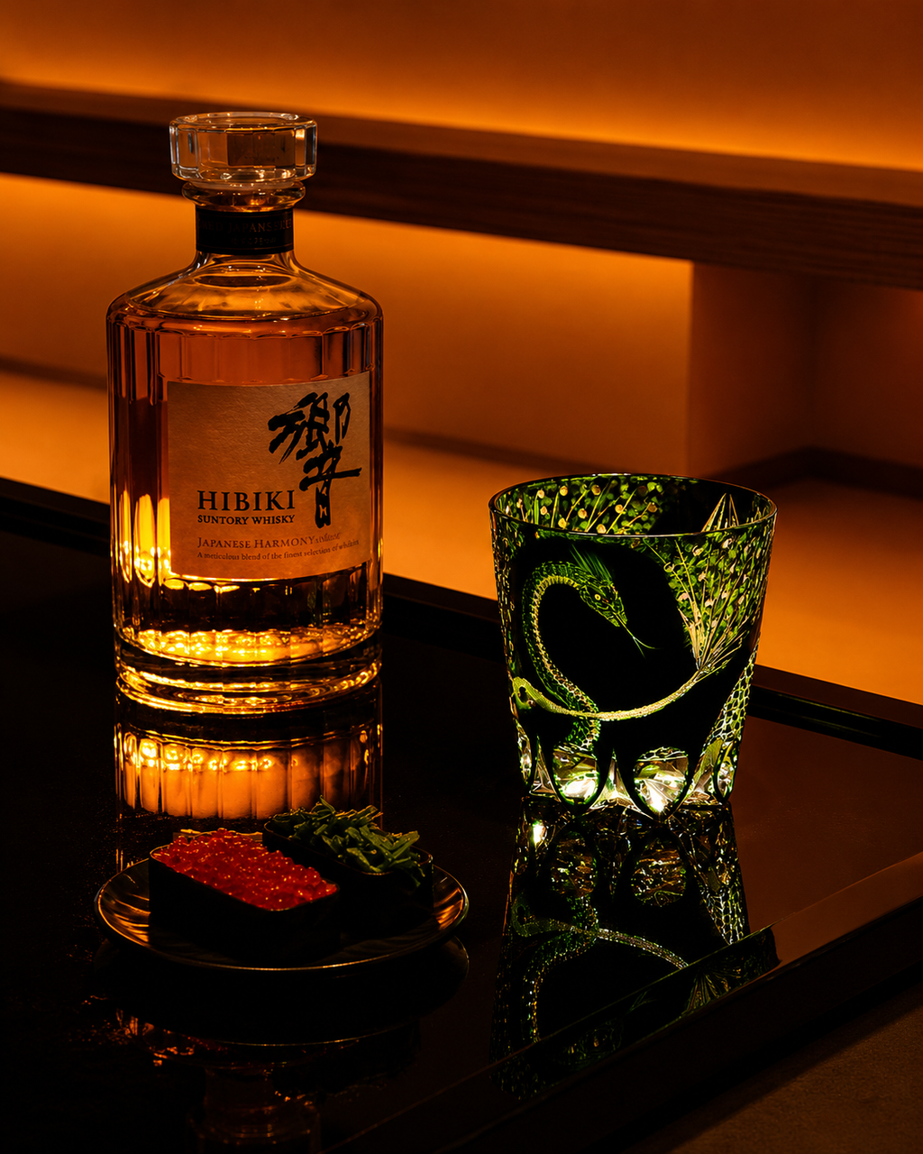 Edo Kiriko Handcrafted Green Serpent Whisky Glass With Leather Box