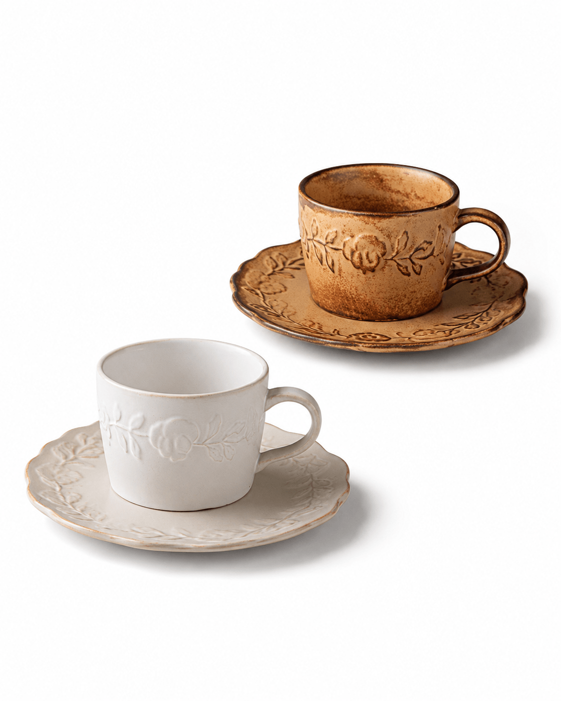 White and rustic yellow floral embossed ceramic coffee cup and saucer sets with handmade botanical relief detail Main image