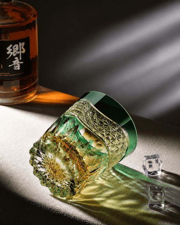 Edo Kiriko Handcrafted Emerald Prism Whisky Glass With Leather Box