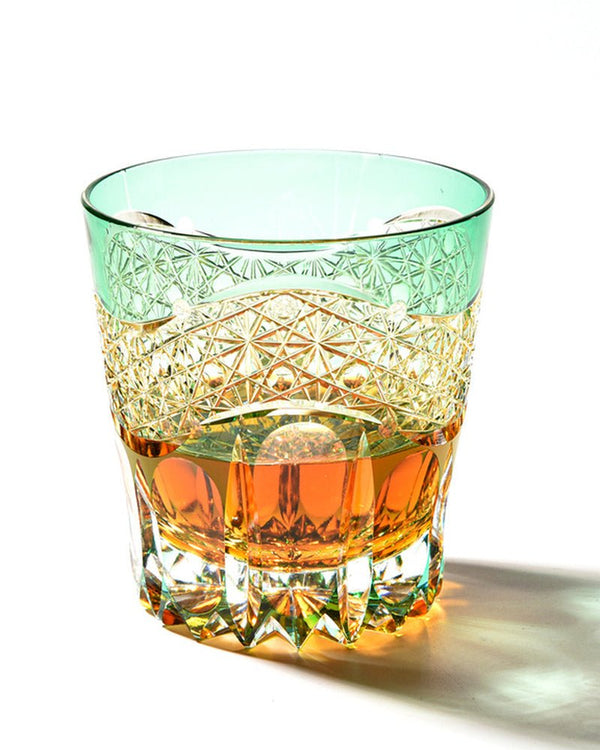 Edo Kiriko Handcrafted Emerald Prism Whisky Glass With Leather Box