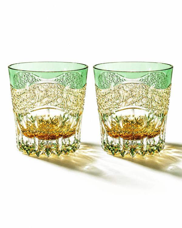 Edo Kiriko Handcrafted Emerald Prism Whisky Glass With Leather Box