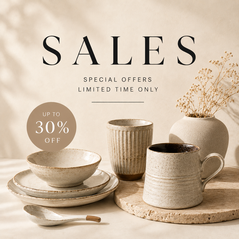 A promotional sale graphic showing a coordinated set of beige and cream ceramic tableware, including a bowl, plates, a mug, a ribbed tumbler, and a vase with dried stems, arranged on a tabletop with a spoon. 