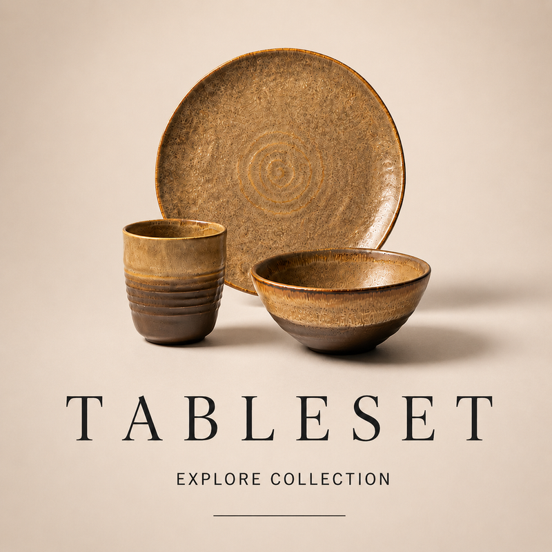 Three-piece ceramic tableware set featuring a large round plate, a small tumbler, and a shallow bowl in a textured earthy brown and gold glaze