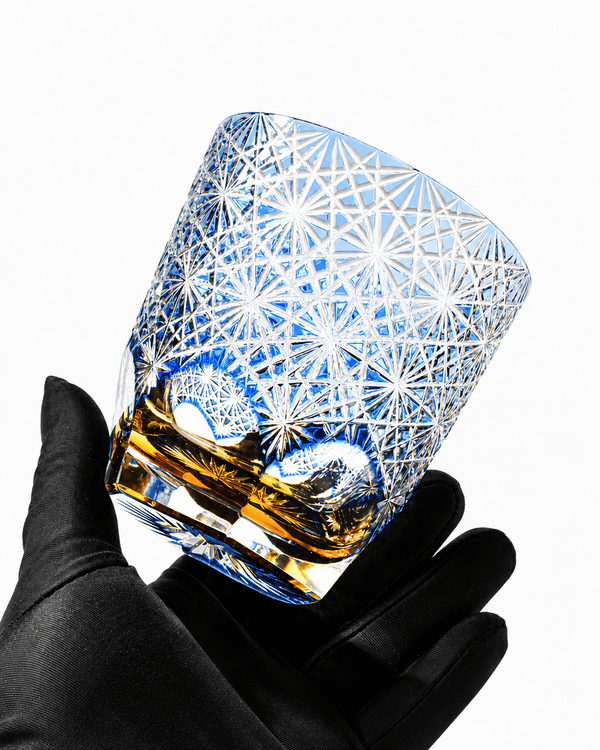 Edo Kiriko Handcrafted Blue Chrysanthemum Whisky Glass With Leather Box