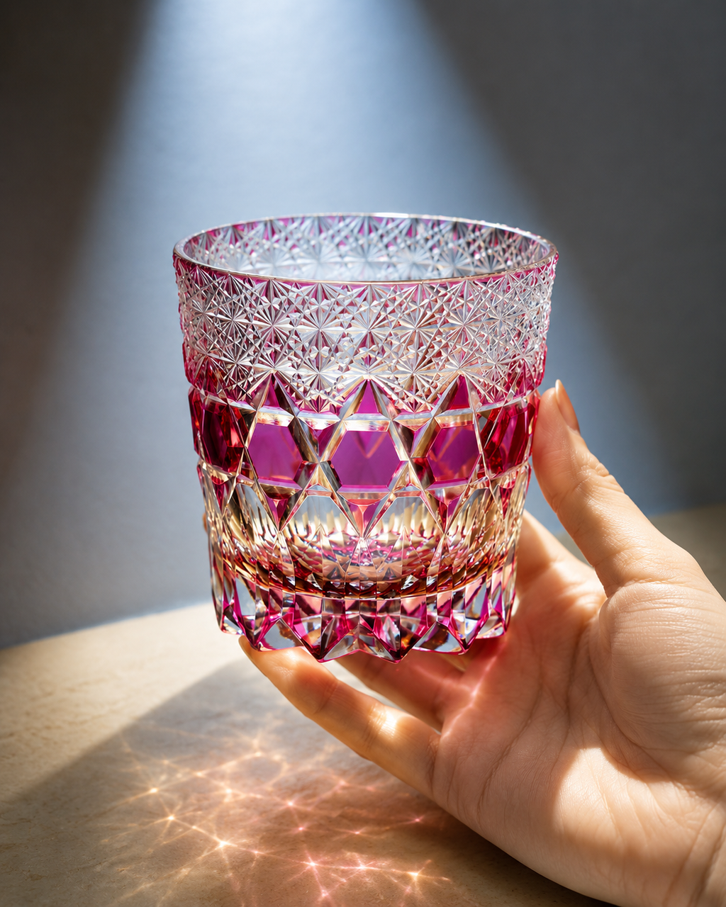Edo Kiriko Handcrafted Rose Fluorite Whisky Glass With Leather Box