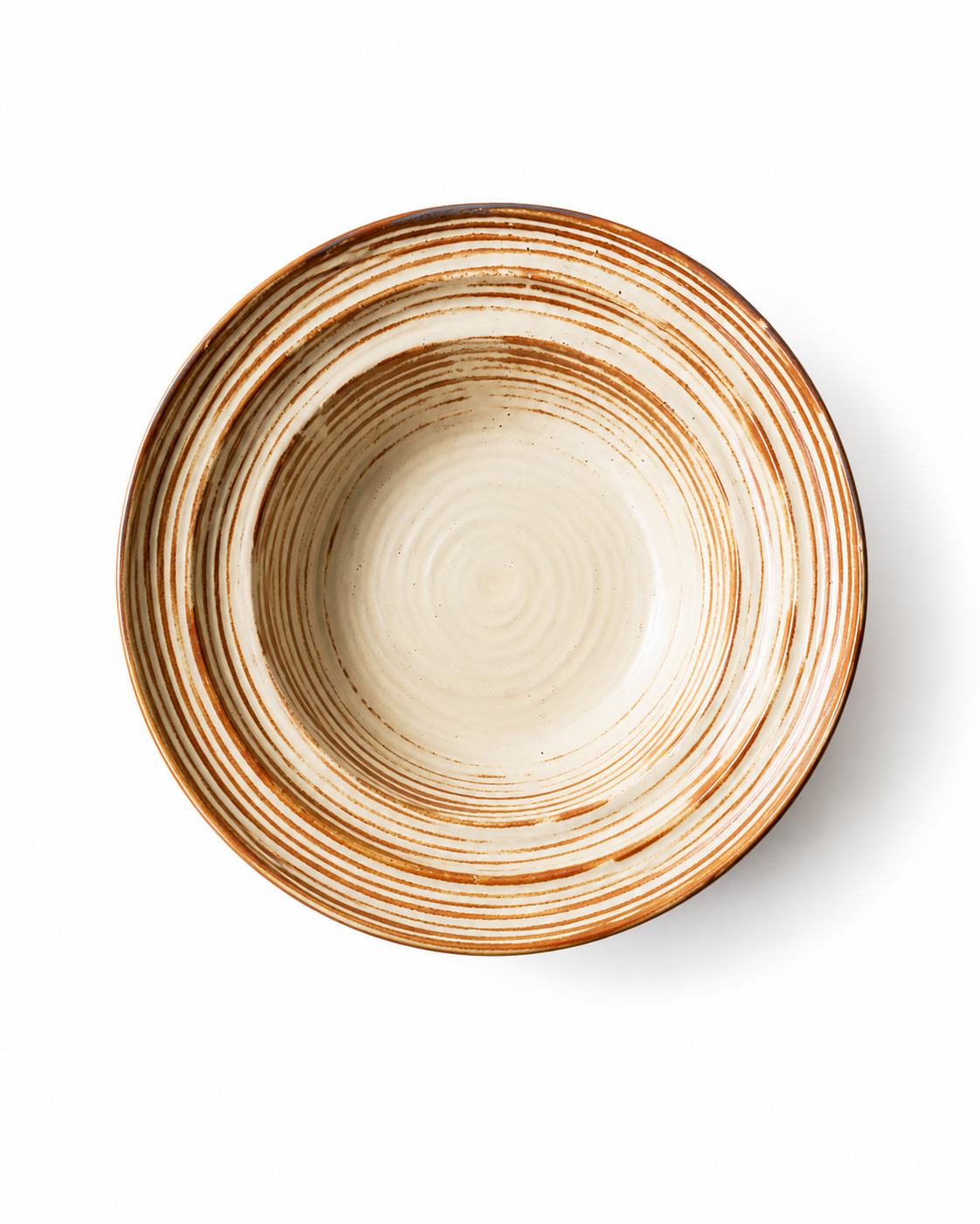 Top view of handmade beige and brown striped ceramic pasta bowl with reactive glaze, wide rim and concentric line detailing