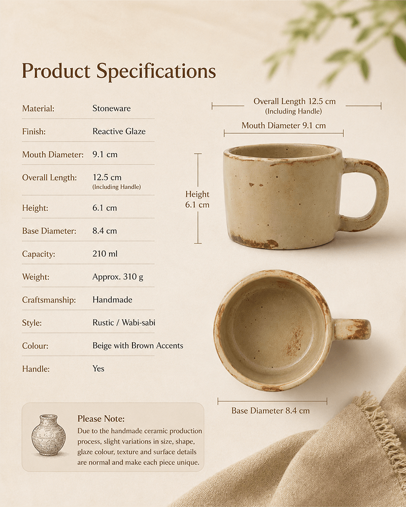 Handmade beige reactive glaze stoneware coffee mug with 210ml capacity and product dimensions