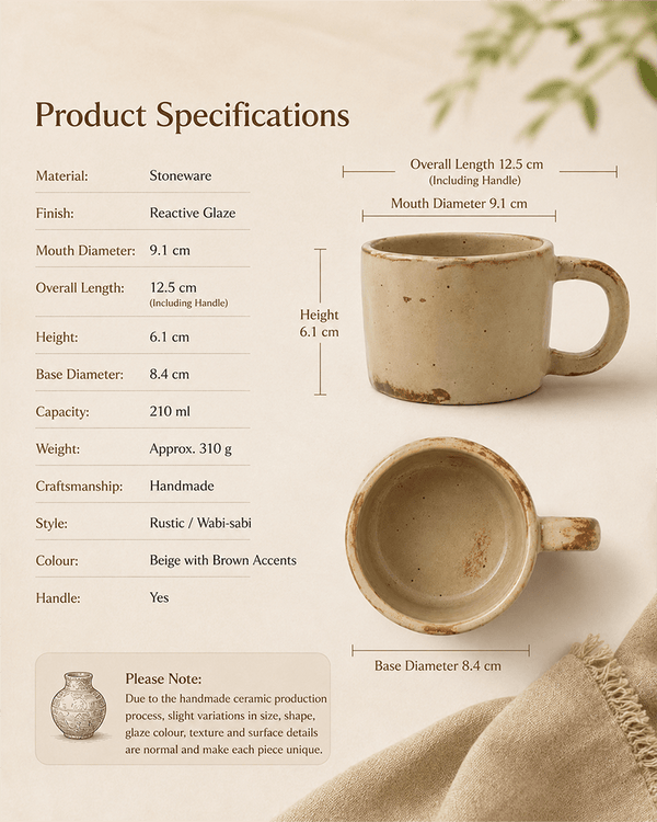 Handmade beige reactive glaze stoneware coffee mug with 210ml capacity and product dimensions