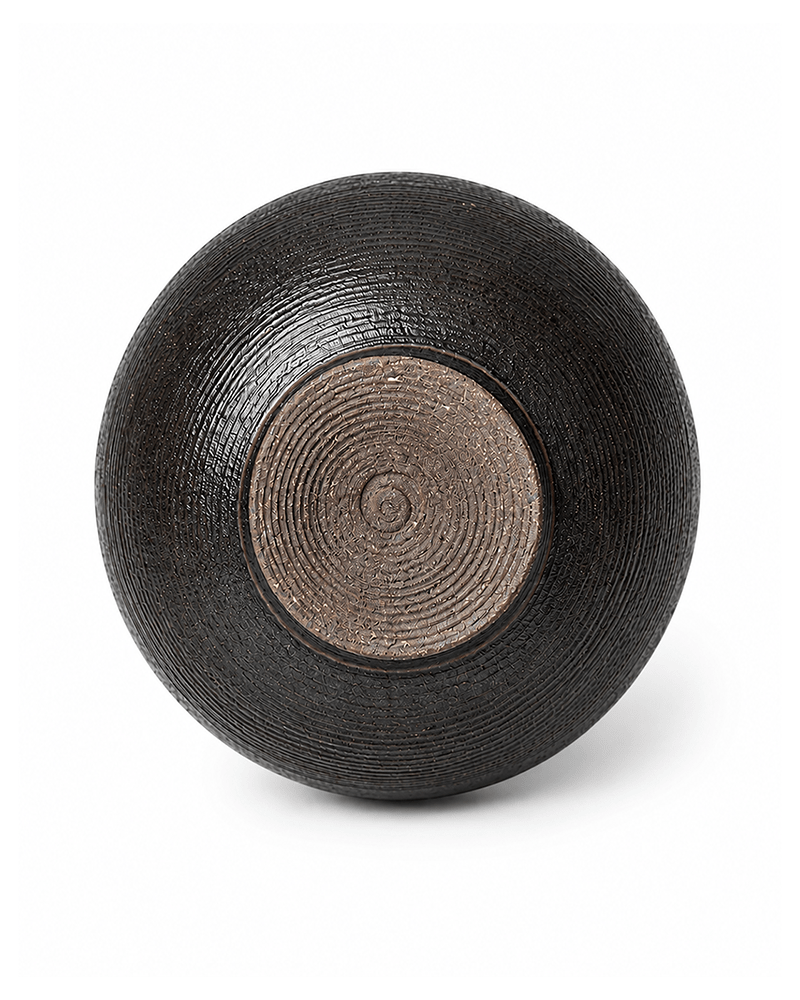 Handmade black ceramic bowl base with circular textured detailing