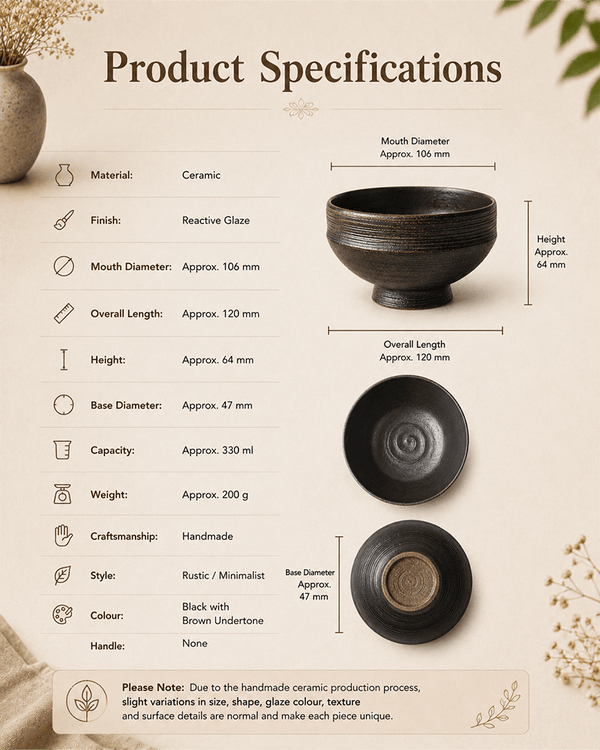 Product specifications sheet for a handmade ceramic bowl, showing dimensions, material, finish, capacity, and care instructions on a light beige background with decorative plants.