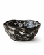 Front view of handmade black floral ceramic bowl with white flower pattern and textured brush finish