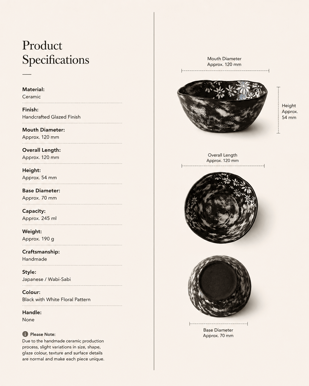 Product specifications for handmade black floral ceramic bowl with dimensions, capacity and weight