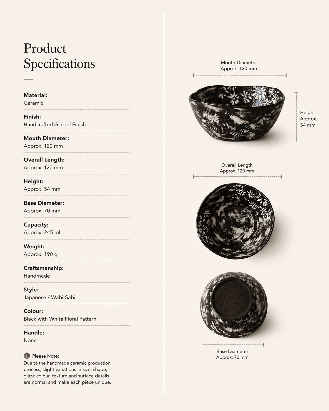 Product specifications for handmade black floral ceramic bowl with dimensions, capacity and weight
