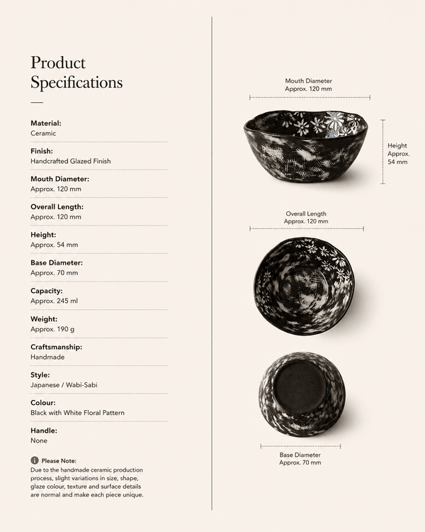 Product specifications for handmade black floral ceramic bowl with dimensions, capacity and weight